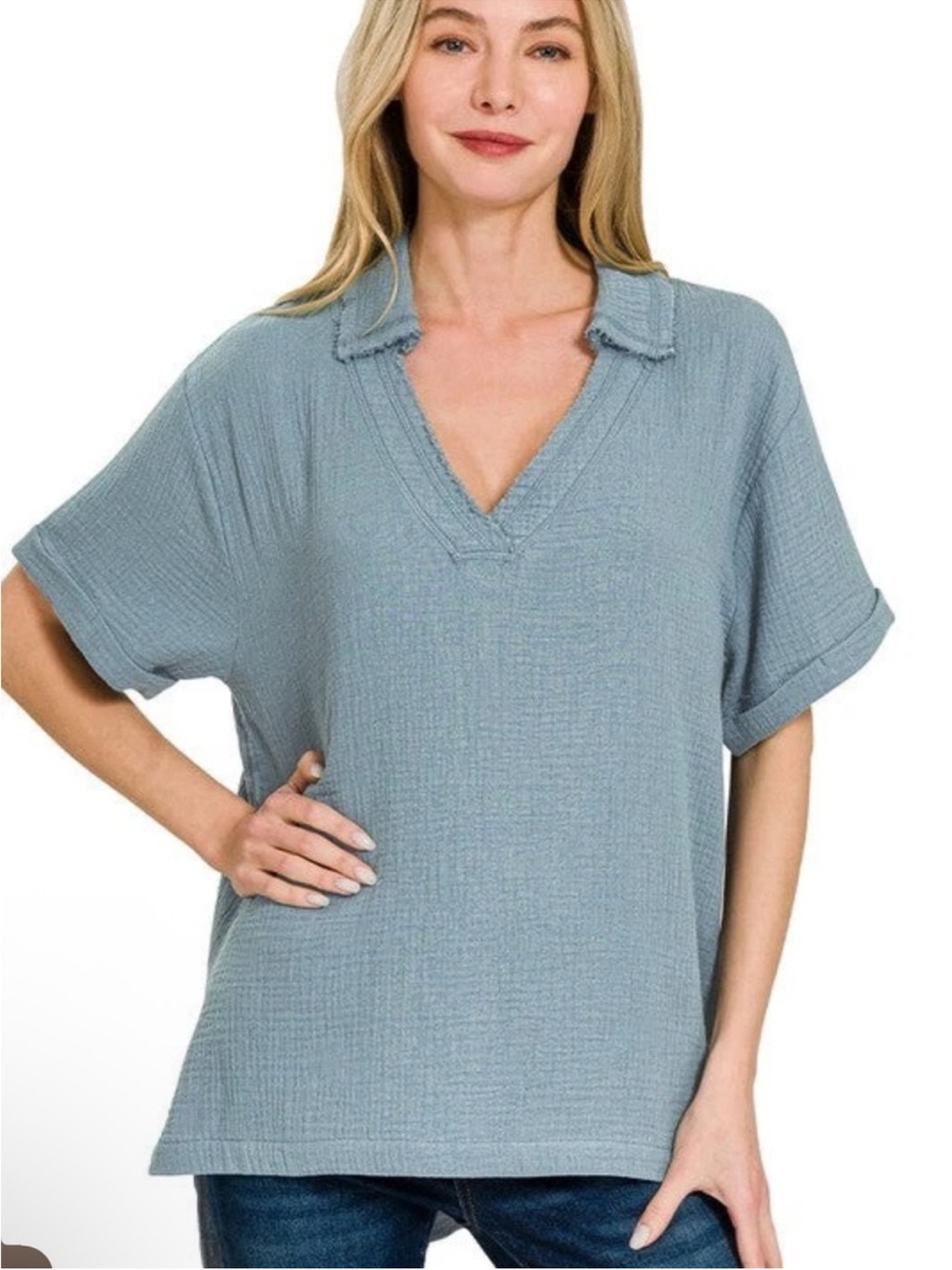 Zenana Outfitters Light Blue V-Neck Short Sleeve Top